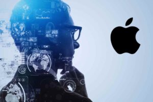 Uomo di spalle che osserva un logo Apple