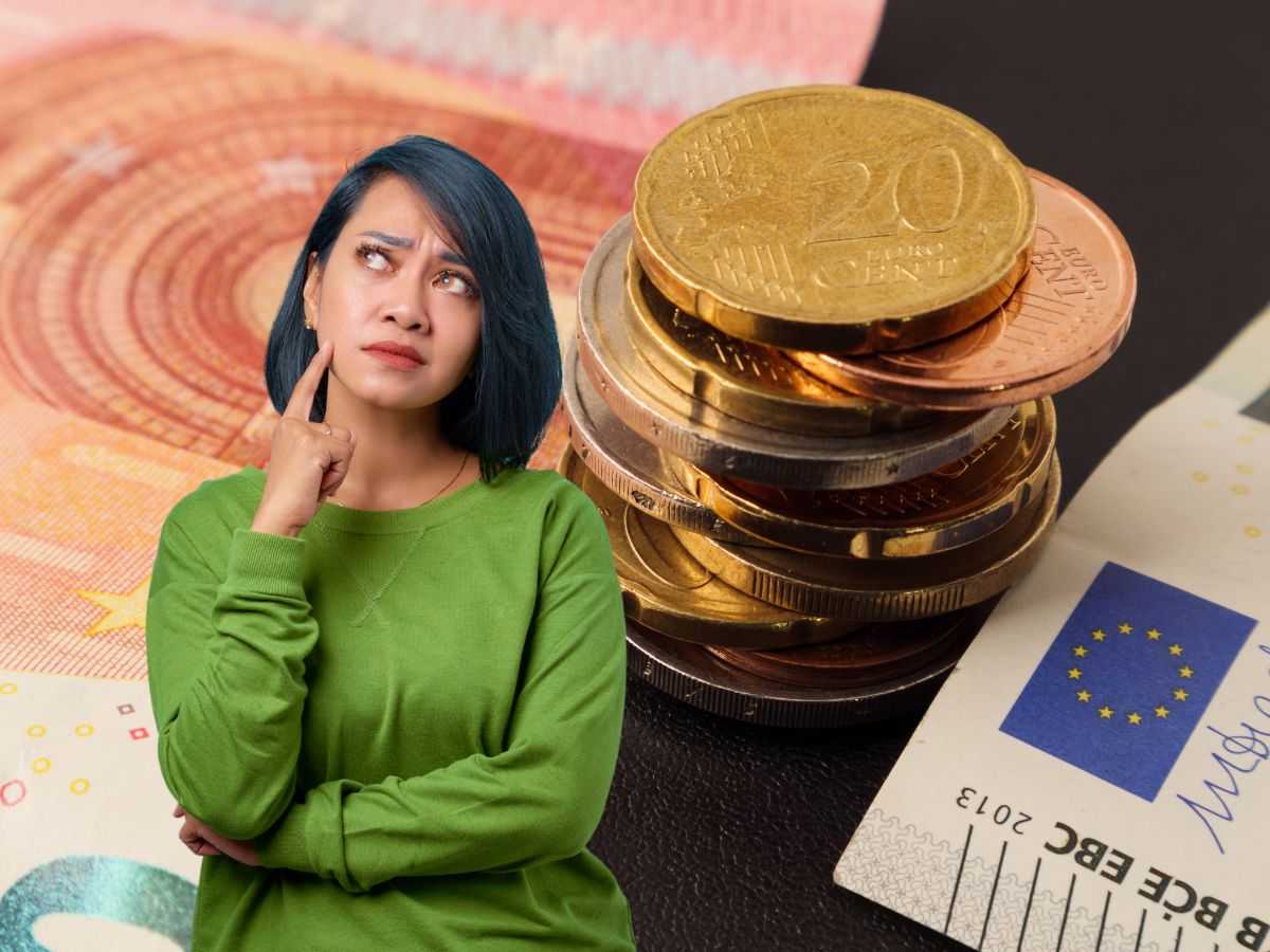 sfondo banconote e monete euro e donna che pensa