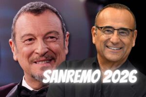 Amadeus e Carlo Conti, scritta Sanremo 2026