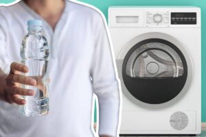 asciugatrice e uomo con bottiglia acqua plastica in mano