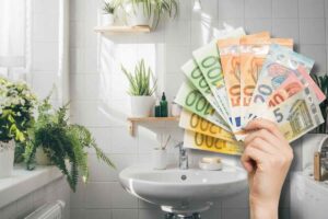 Bagno con piante, mano tiene banconote euro