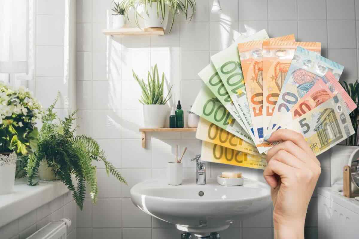 Bagno con piante, mano tiene banconote euro
